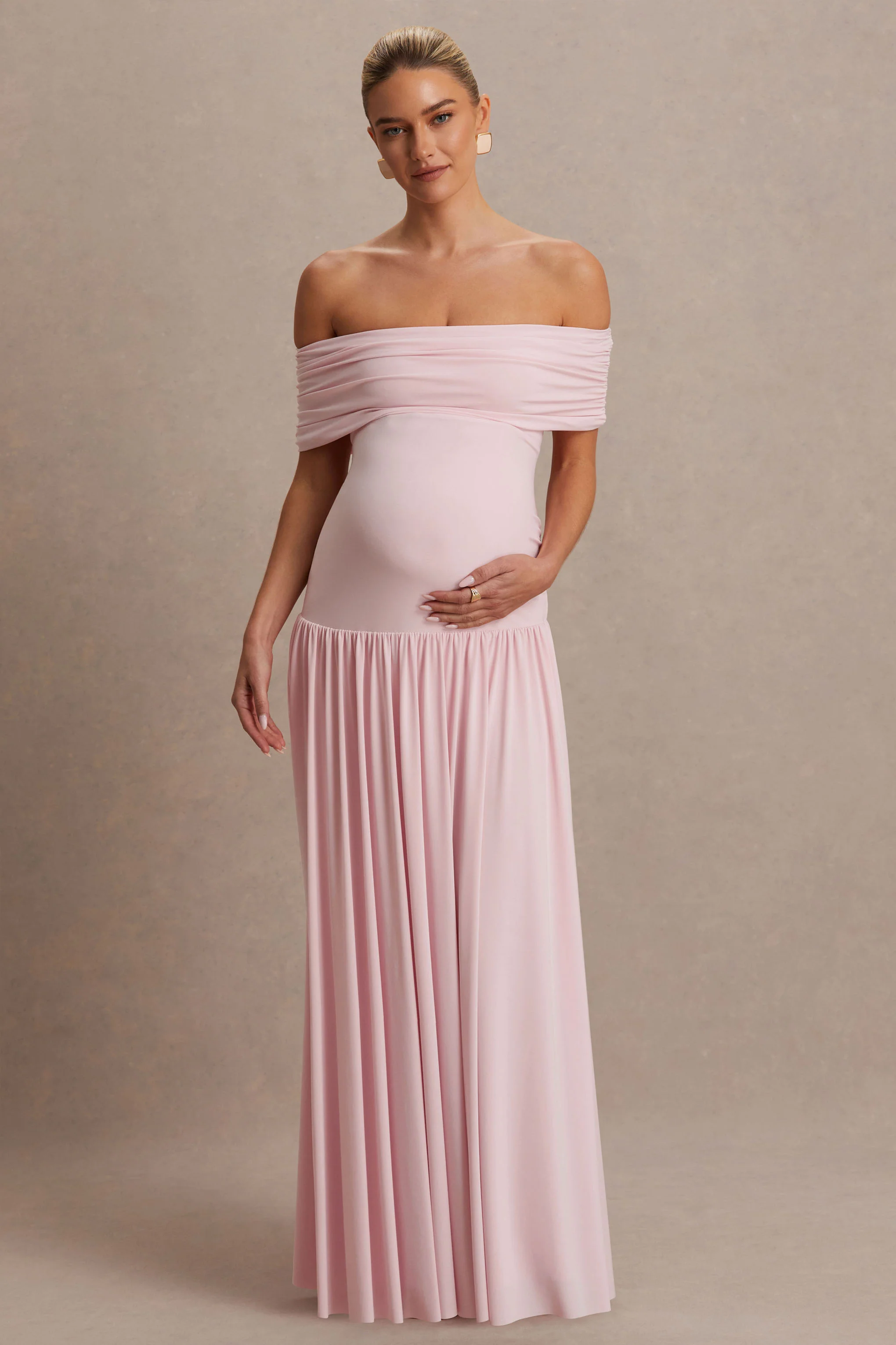 Juliette | Blush Pink Bardot-Neck Maternity Maxi Dress With Drop-Waist