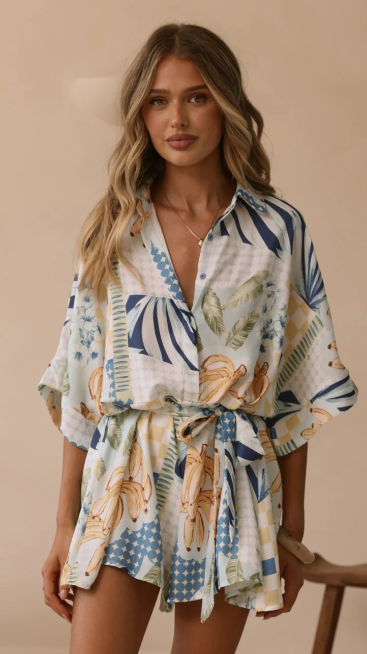 Farrah Playsuit - Blue/Yellow Print