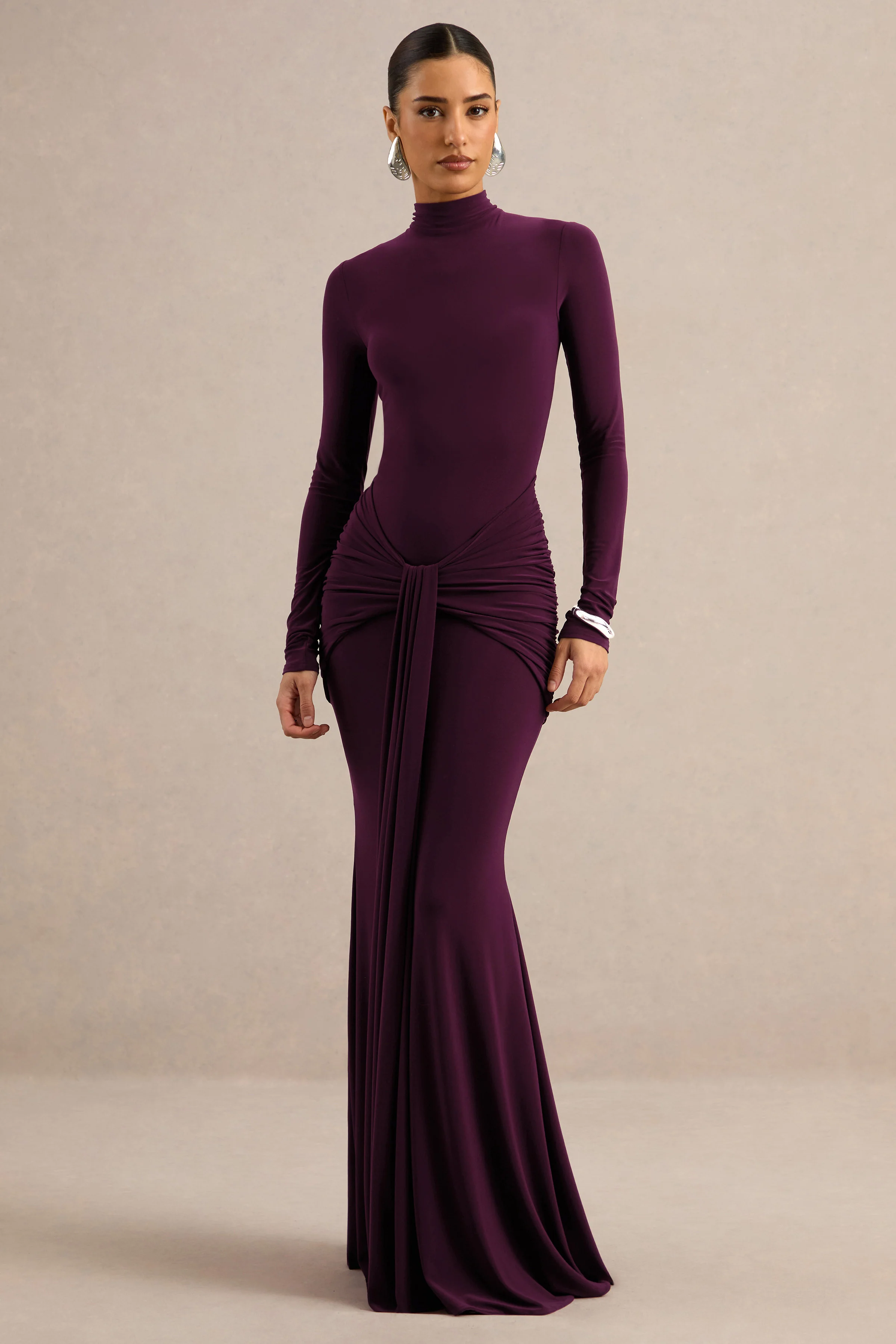 Seraphita | Purple Jersey High Neck Long Sleeve Maxi Dress With Gathered Detailing And Sash