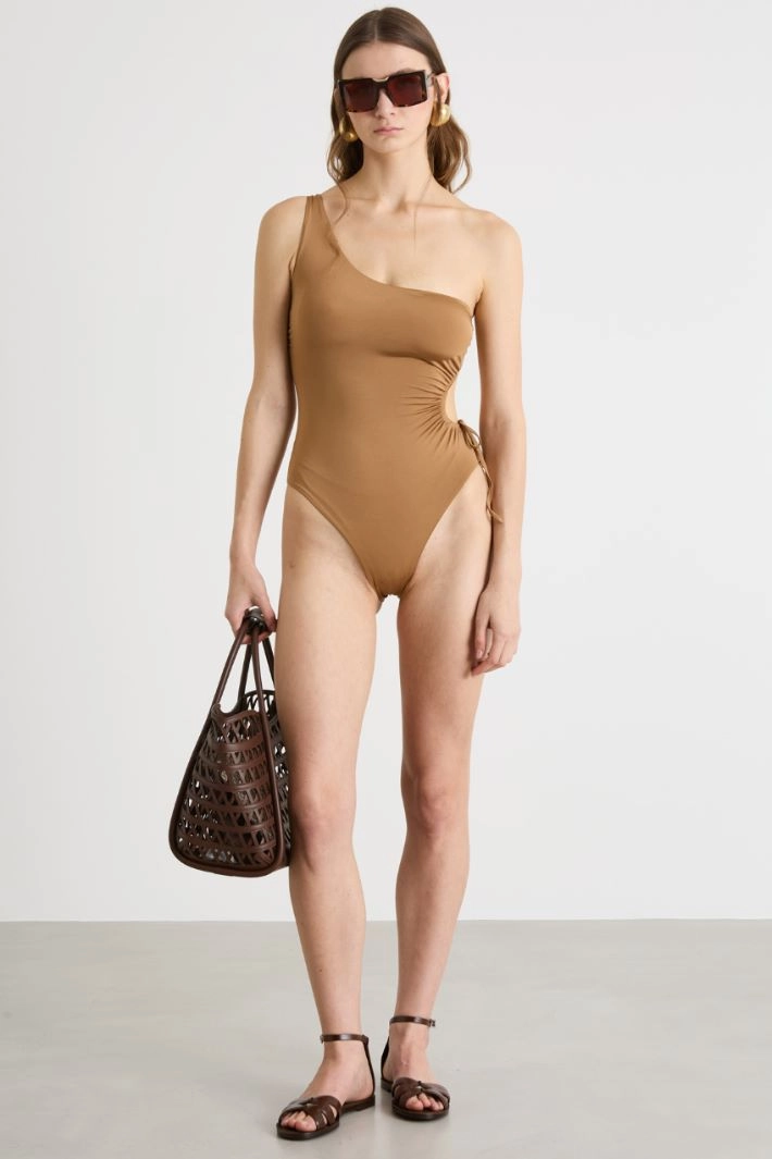 One-shoulder swimsuit in lustrous jersey - CAMEL