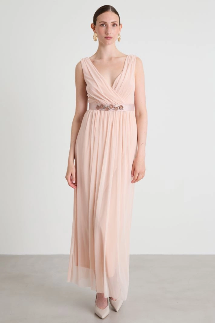 Long tulle dress with belt - LIGHT PINK
