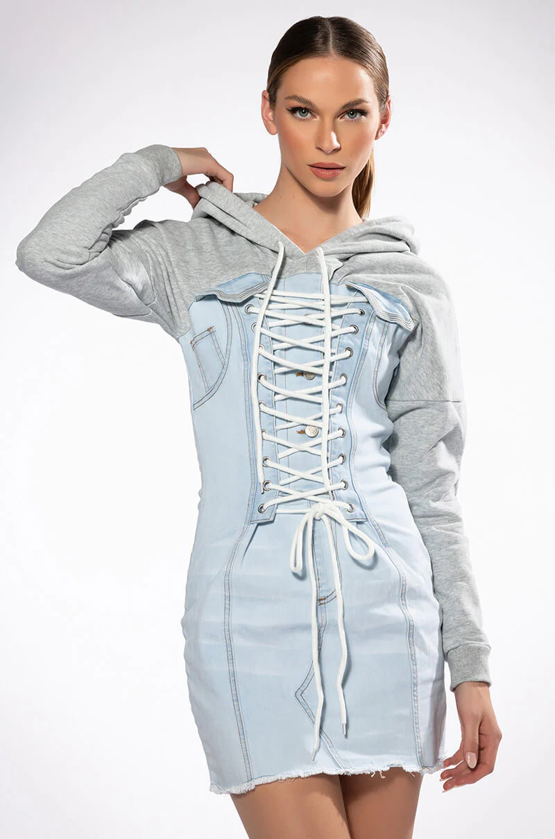Gina Lace Up Denim Hooded Mini Dress