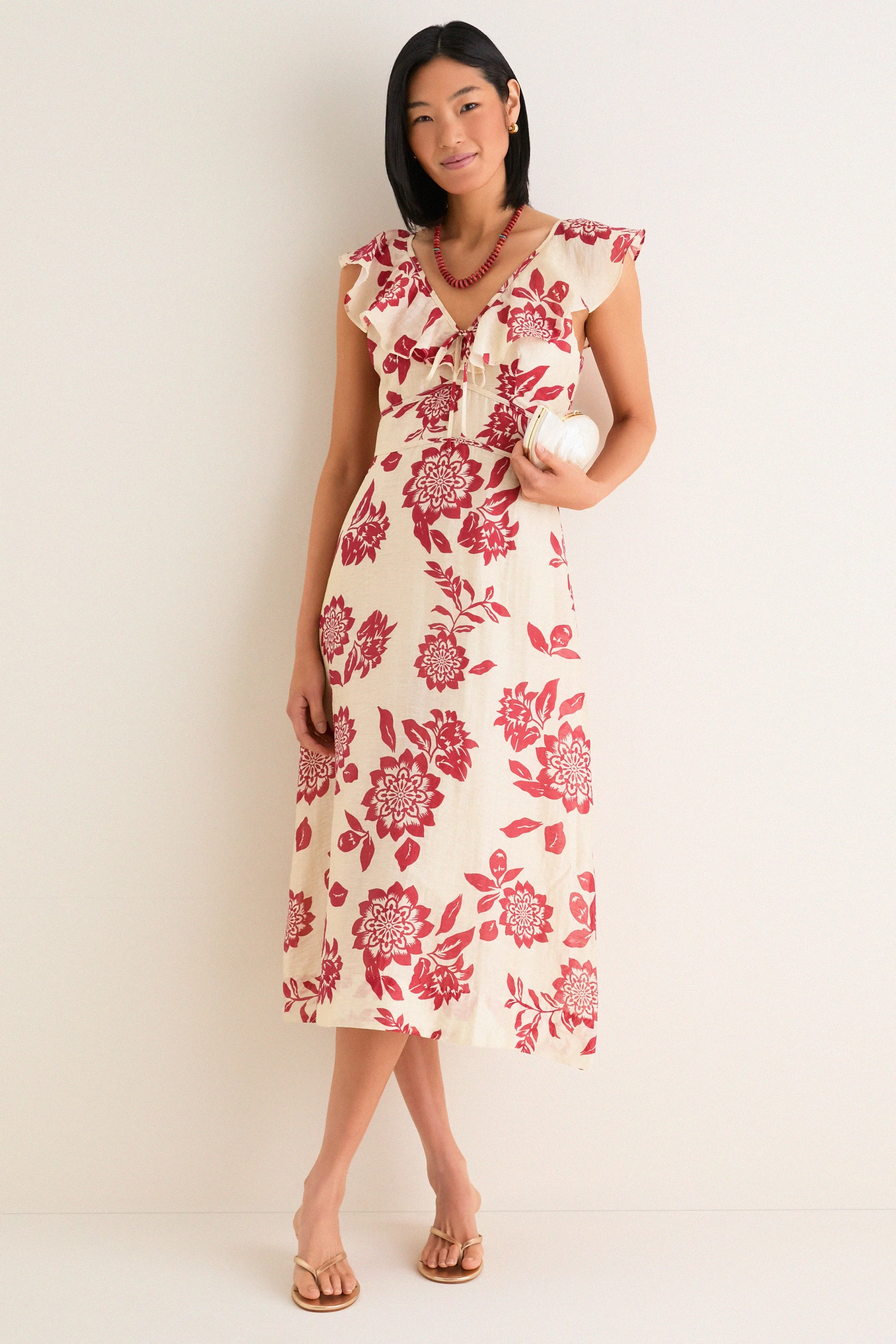 Cream and Red Jacqueline Flutter Sleeve Midi Dress