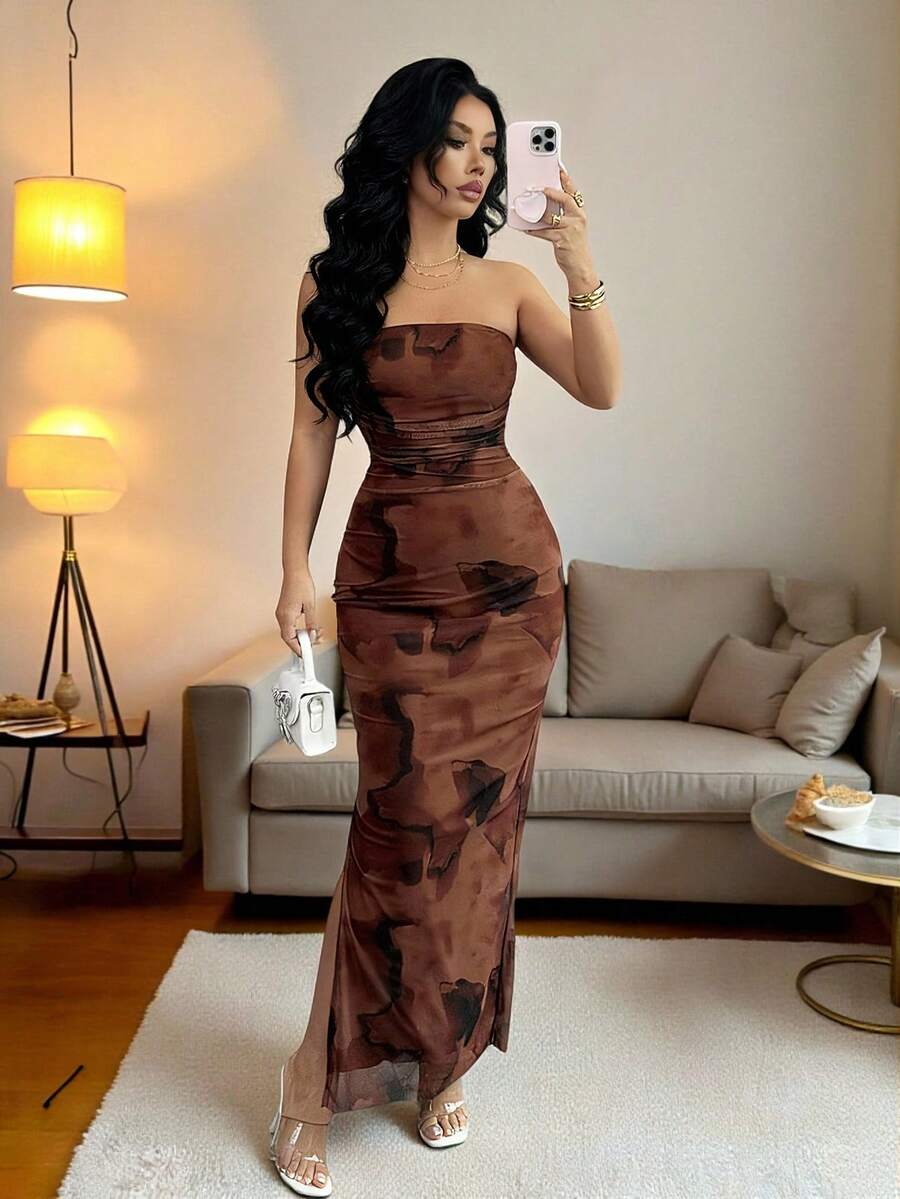 Rafferiza Ladies Elegant Pleated Smudged Mesh Print Waist Bandeau Dress Party Slit Dress, Brown Contrast Bandeau Dress, Mesh Hip Wrapping Tight Printed Dress