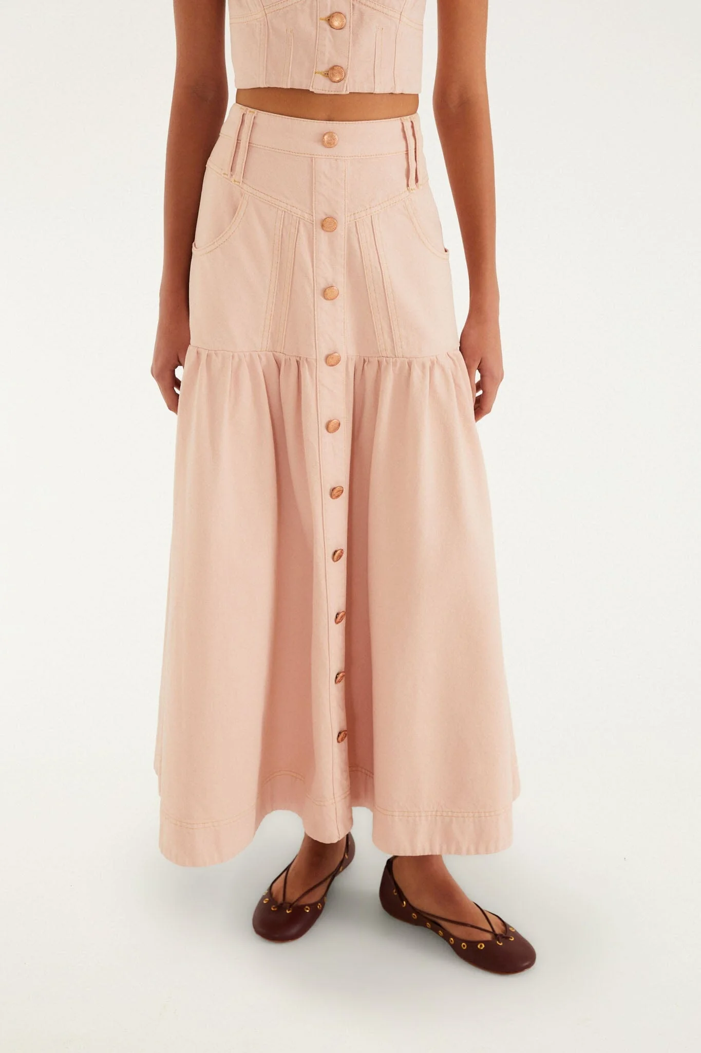 Light Pink Bisne Buttoned Twill Midi Skirt