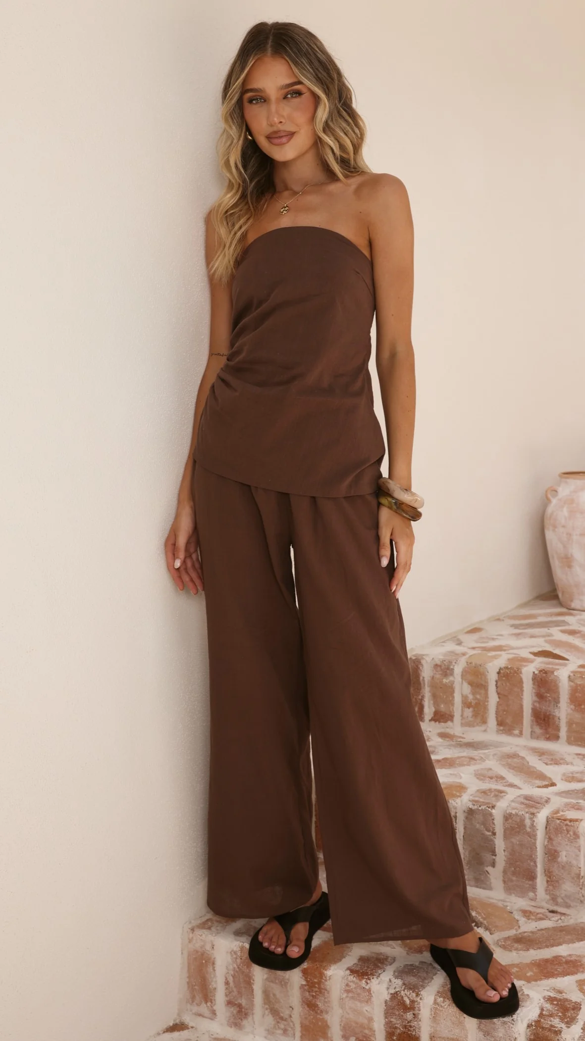Yuki Strapless Top and Pants Set - Chocolate