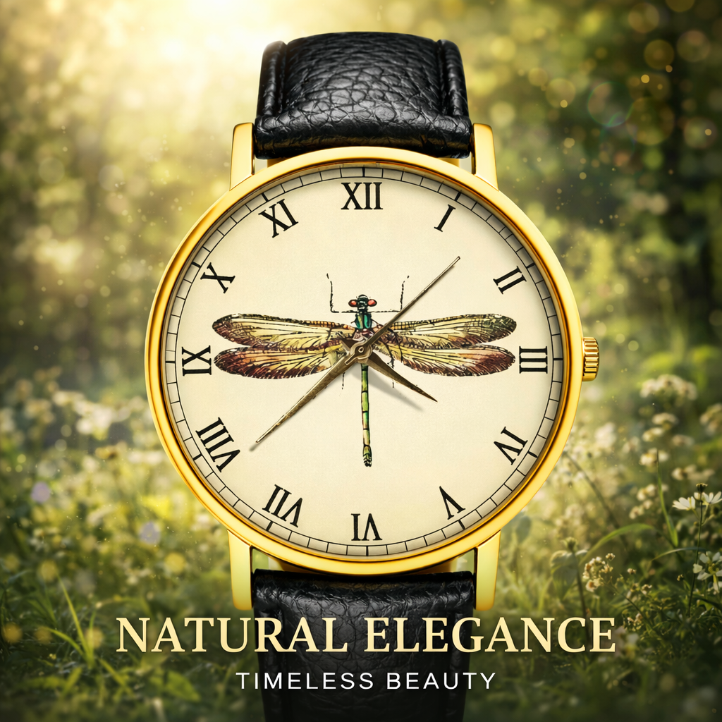 Rareststore Vintage Dragonfly Leather Watch – Artistic Nature Statement Timepiece