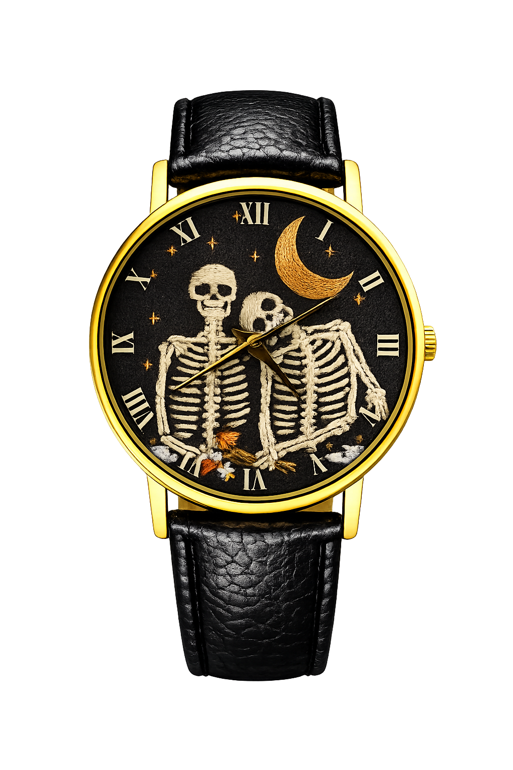 Rareststore Embroidery Effect Print Skull Lover Leather Watch – Gothic Romantic Statement Timepiece