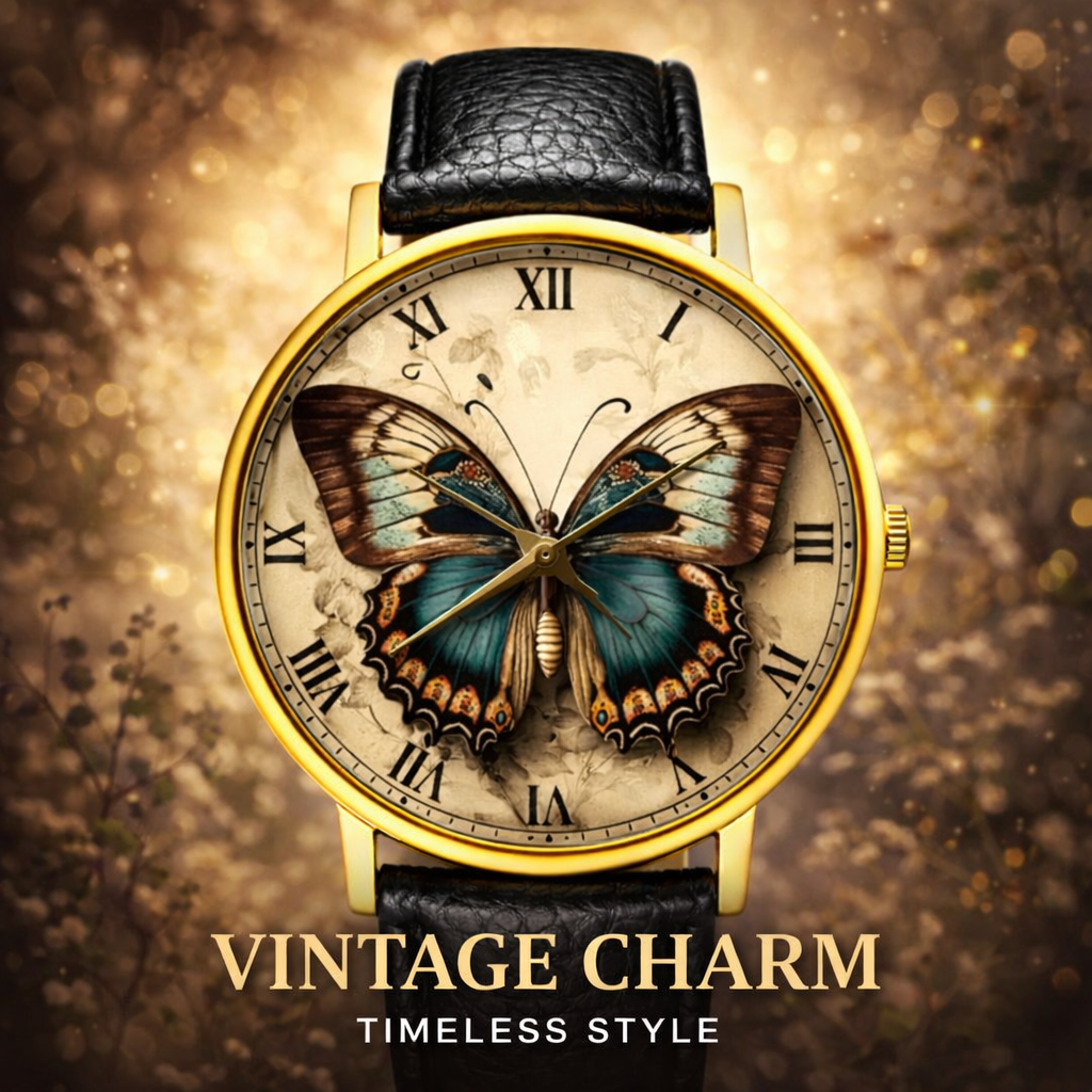 Rareststore Vintage Butterfly Leather Watch – Elegant Artistic Statement Timepiece