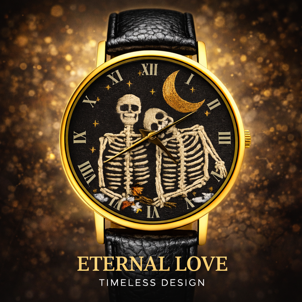 Rareststore Embroidery Effect Print Skull Lover Leather Watch – Gothic Romantic Statement Timepiece