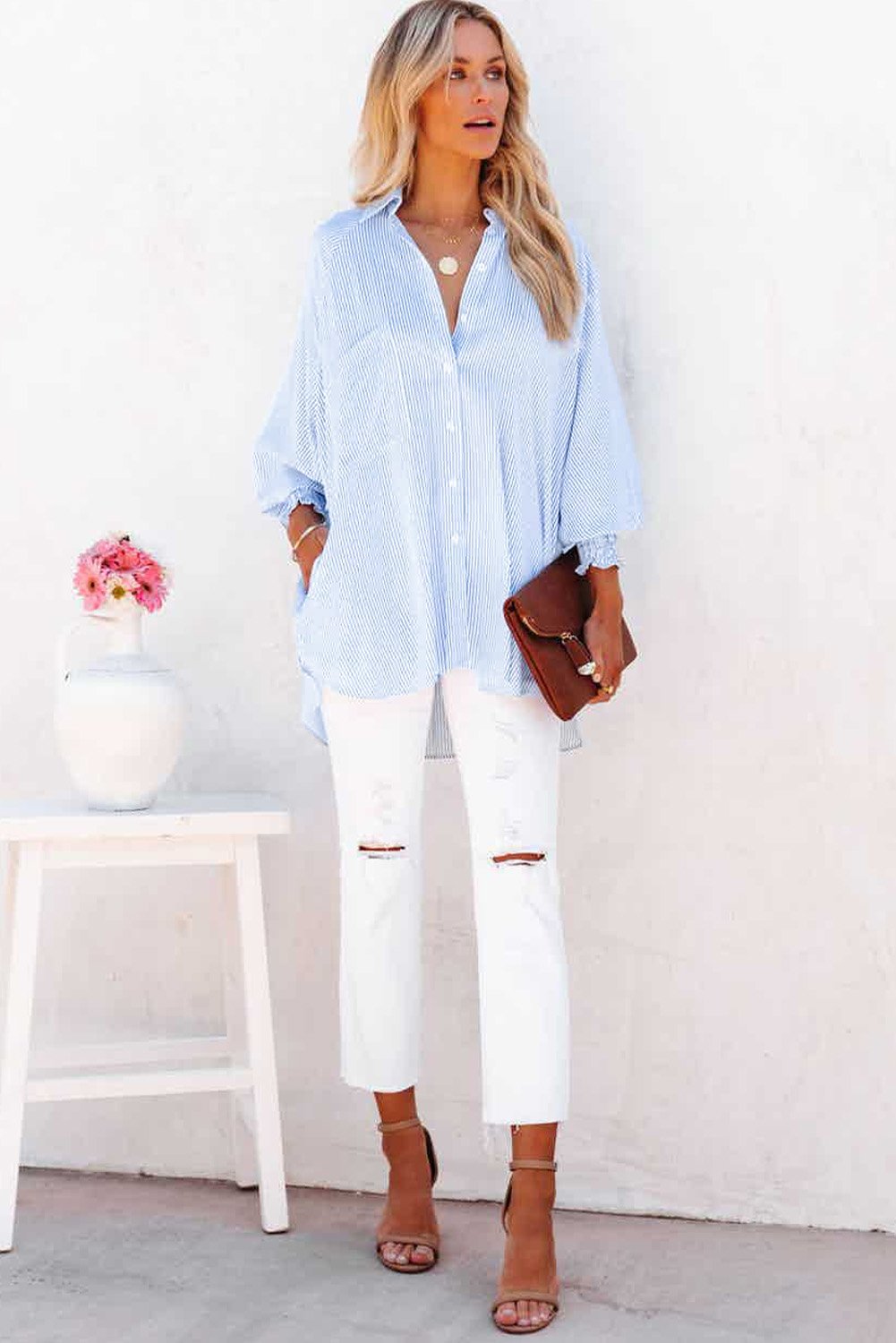 🔥Last Day Sale 49% OFF🔥Mid-length smocked shirt with striped lapel and oversized drawdown sleeves