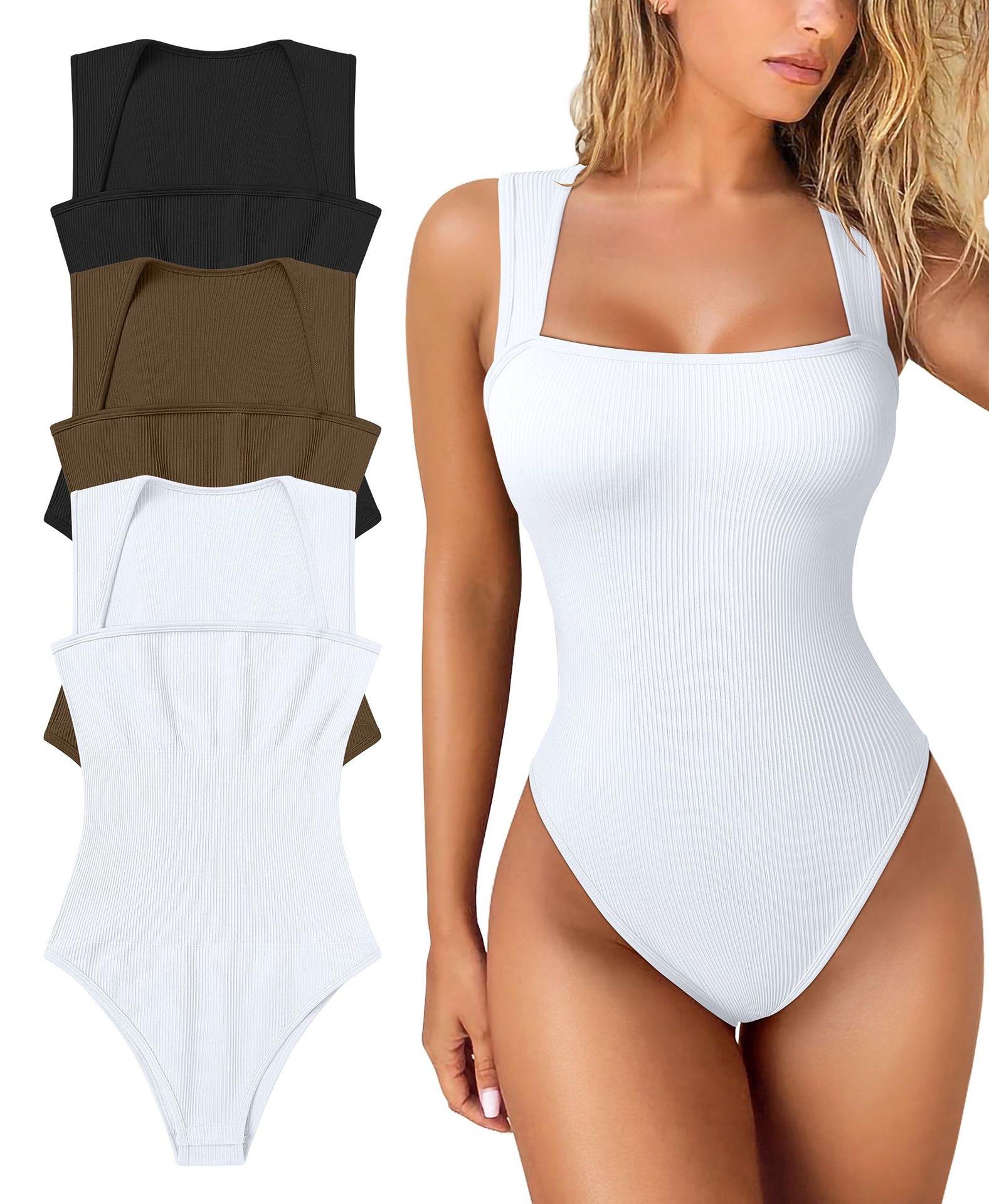 BodysuitsStretchy Underwear Sexy Ribbed Strappy SquareNeck Sleeveless Stretchy Tank Tops Bodysuits