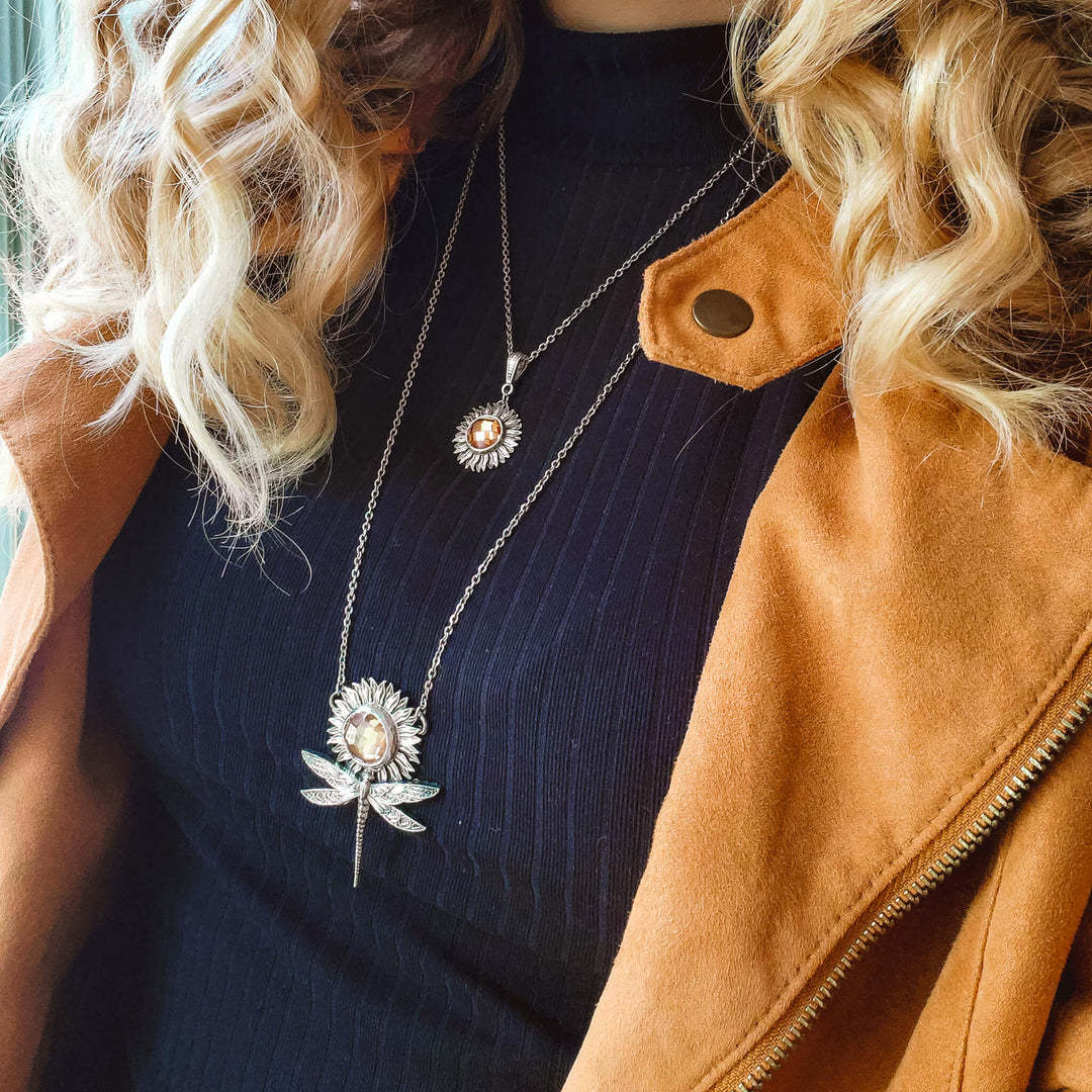 🔥 Last Day Promotion 49% OFF🎁Sterling Silver Sunflower Dragonfly Pendant Necklace