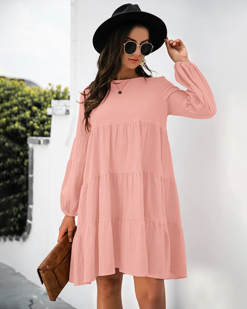 Long Puff Sleeve Shirt Dress Casual Crewneck Loose Fit Sundress Trendy Tiered Layer Summer Mini Dresses