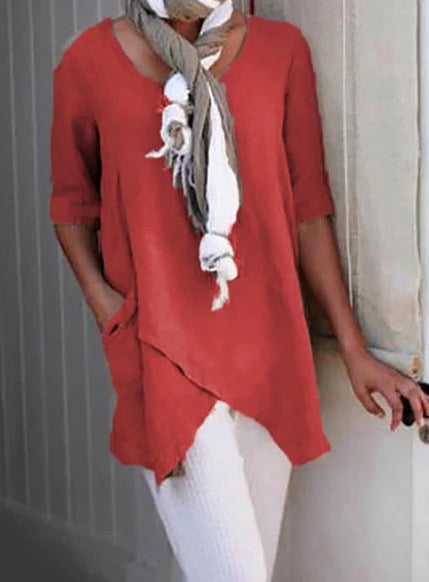 Irregular Hem Round Neck Solid Color Half Sleeve Casual Loose Tunic Tops