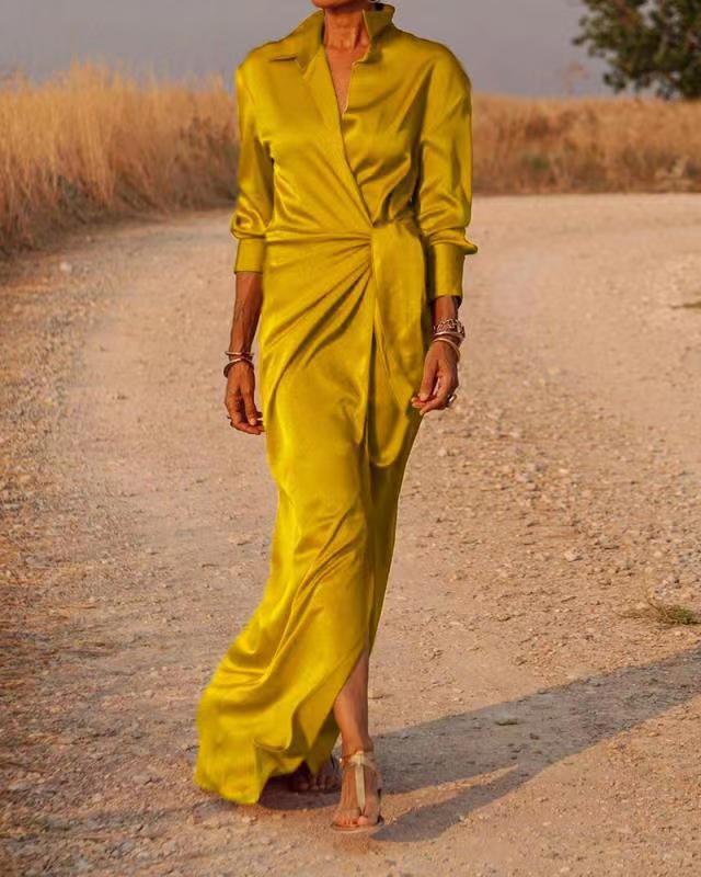 Lace Up High Waist Split Maxi Dress Long Sleeve Lapel Collar Sexy Dress