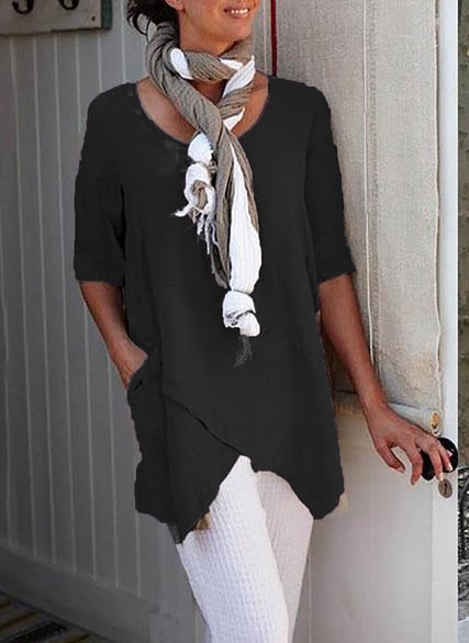Irregular Hem Round Neck Solid Color Half Sleeve Casual Loose Tunic Tops