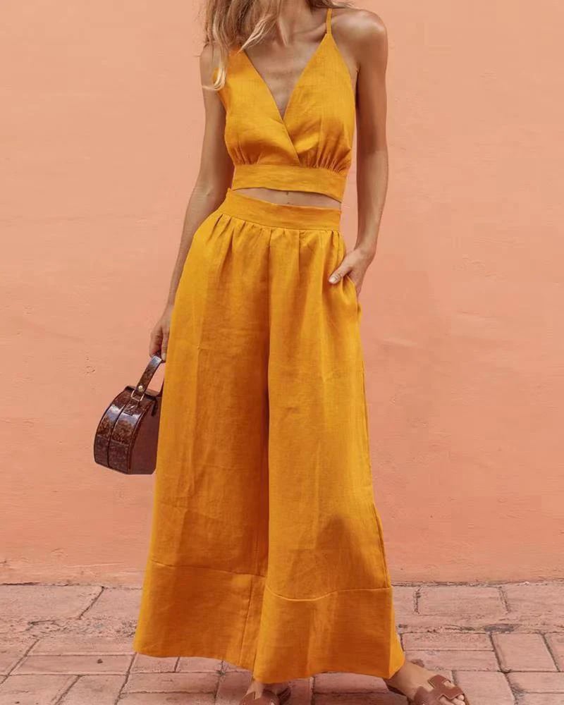 Lace-up Backless Crop Tops Pockets Wide Leg Trouser V-Neck Tank Cami Long Pants