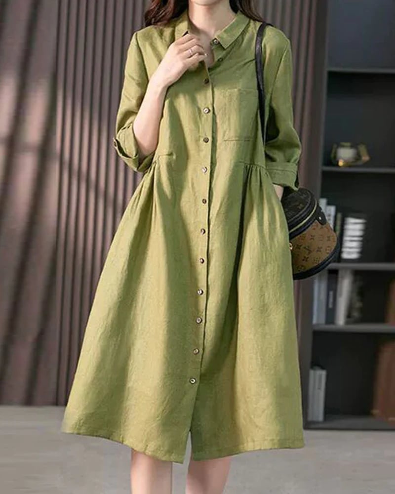 Loose Solid Color Cotton and Linen Three-quarter Sleeve Dress Mid-length Shirt Dress