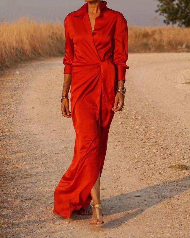 Lace Up High Waist Split Maxi Dress Long Sleeve Lapel Collar Sexy Dress