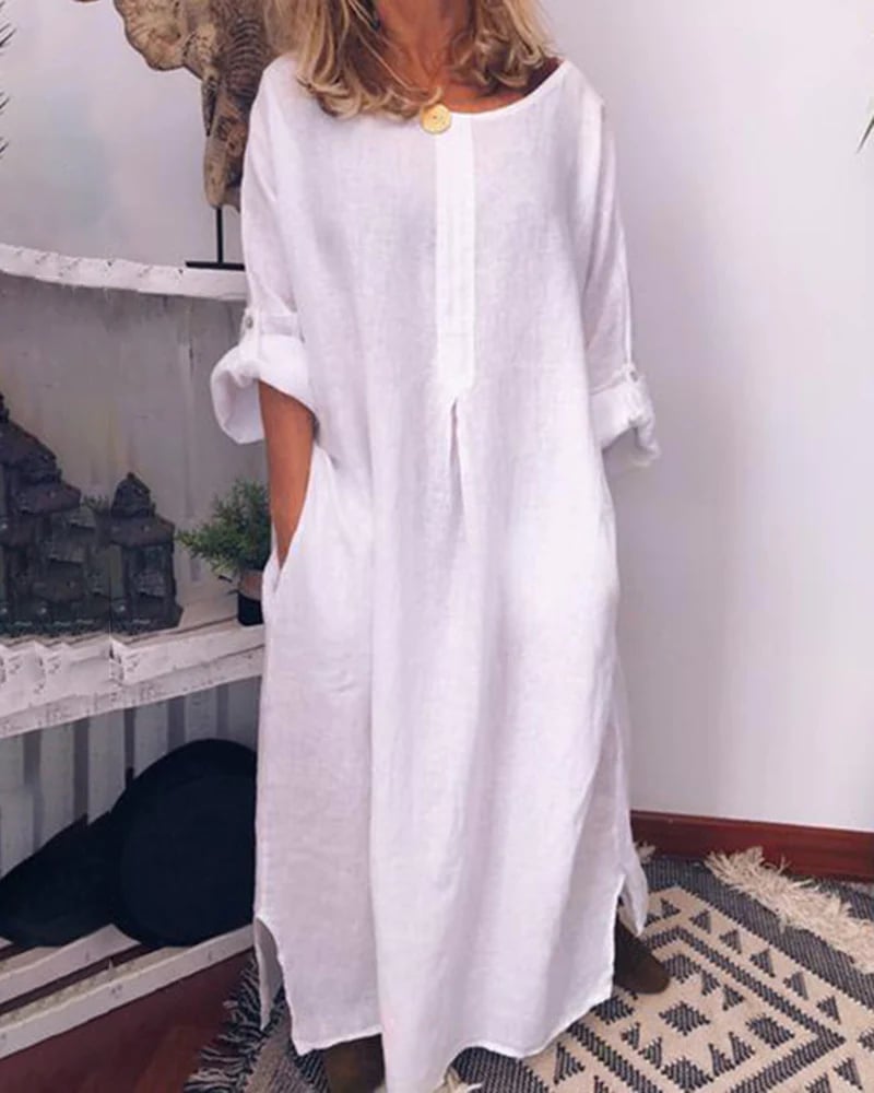 Long Sleeve Solid Color Plus Size Loose Fit Maxi Dress Round Neck Button Up Dresses with Pocket