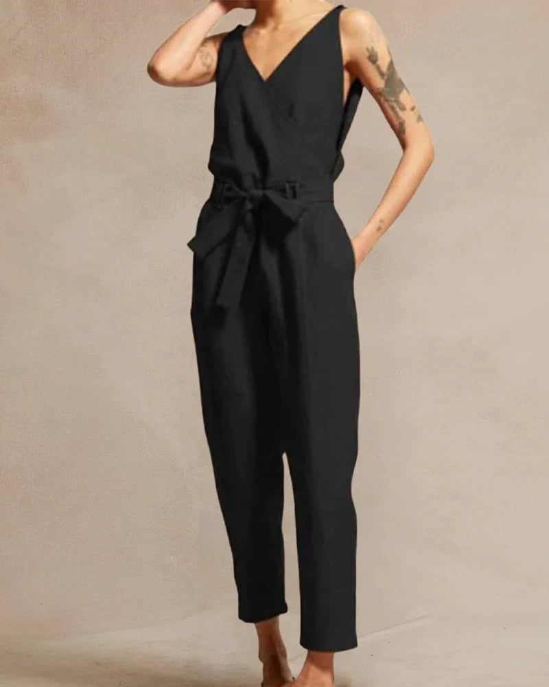 Sleeveless Backless Striped Jumpsuit Loose Trouser Suit Romper with Belt