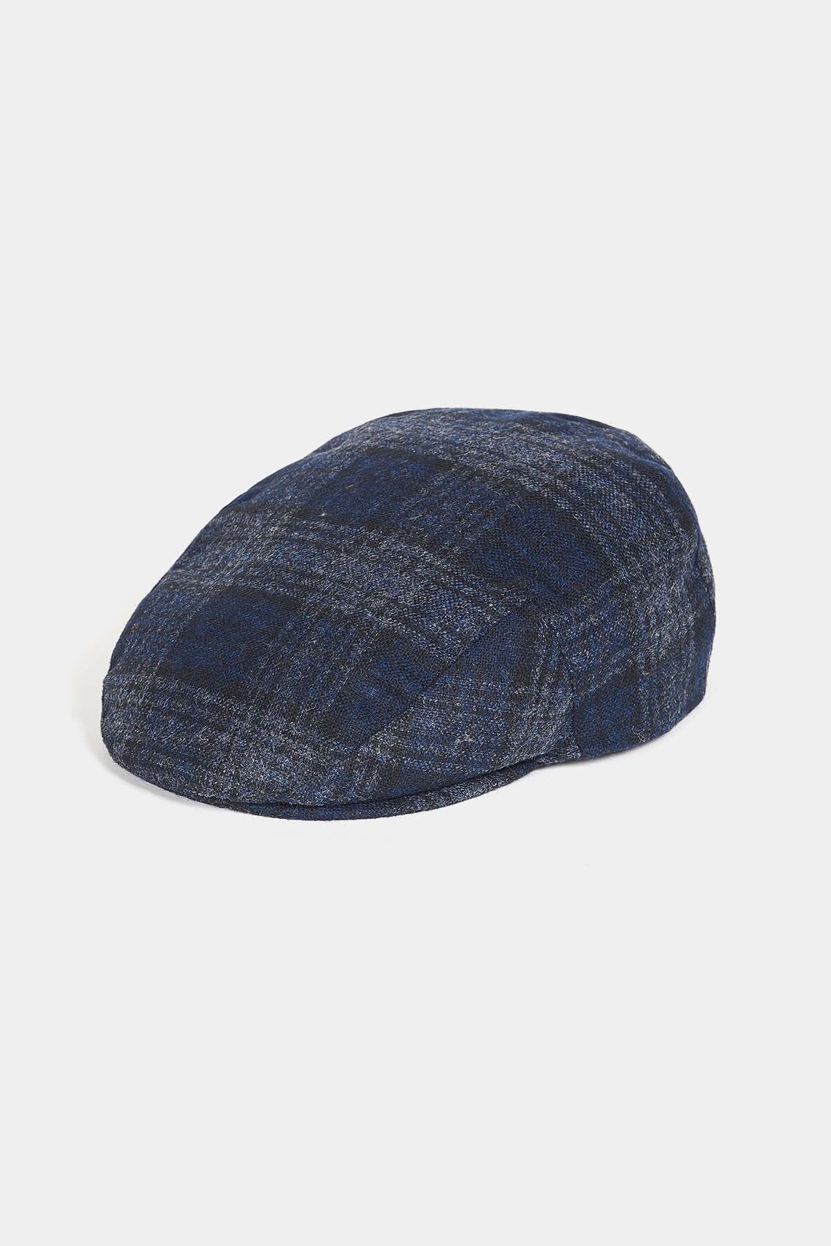Waxed Cotton Flat Cap - NAVY TARTAN