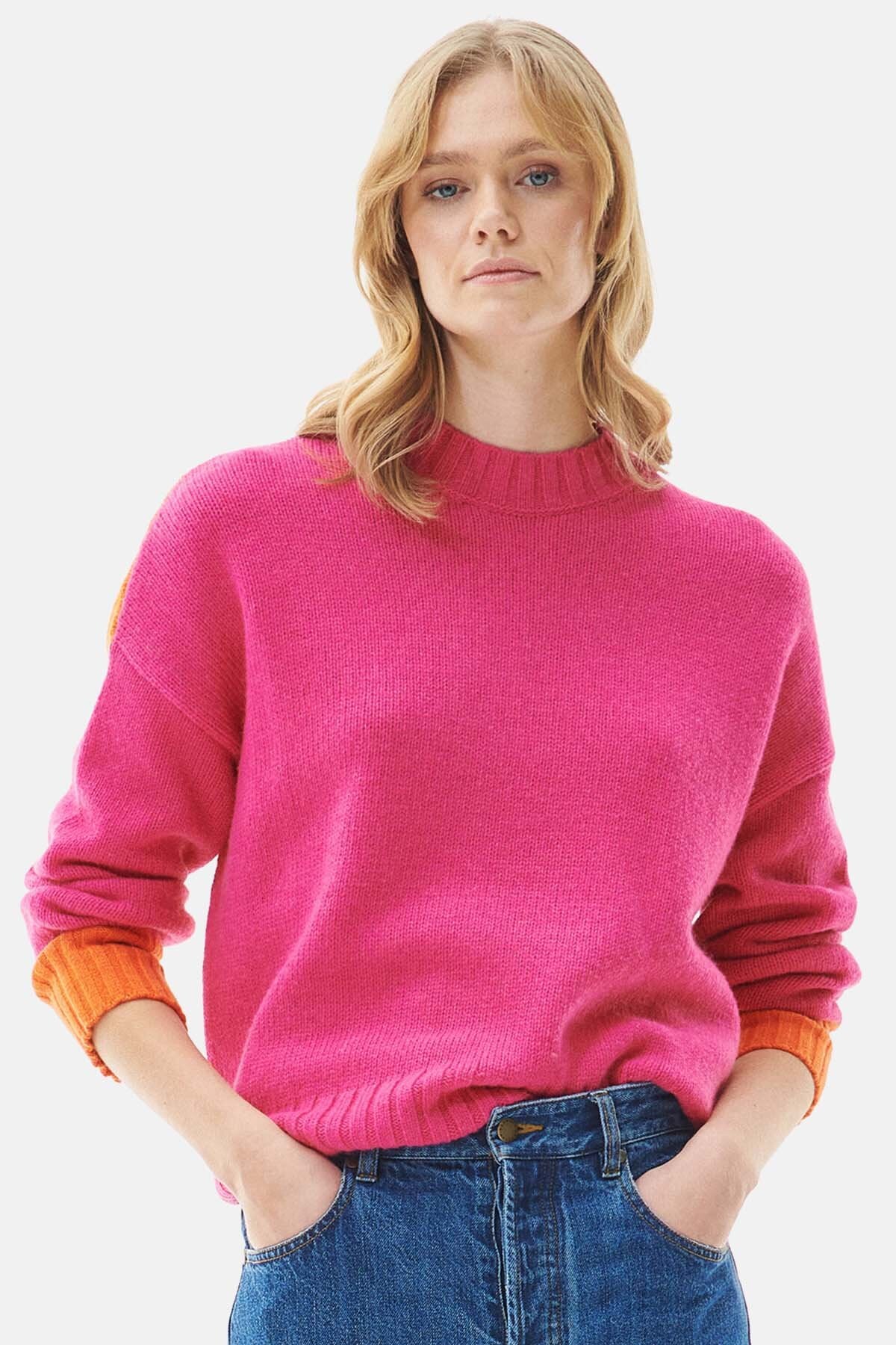 Surf Knitted Crew Neck Jumper - PINK DAHLIA/PUMPKIN