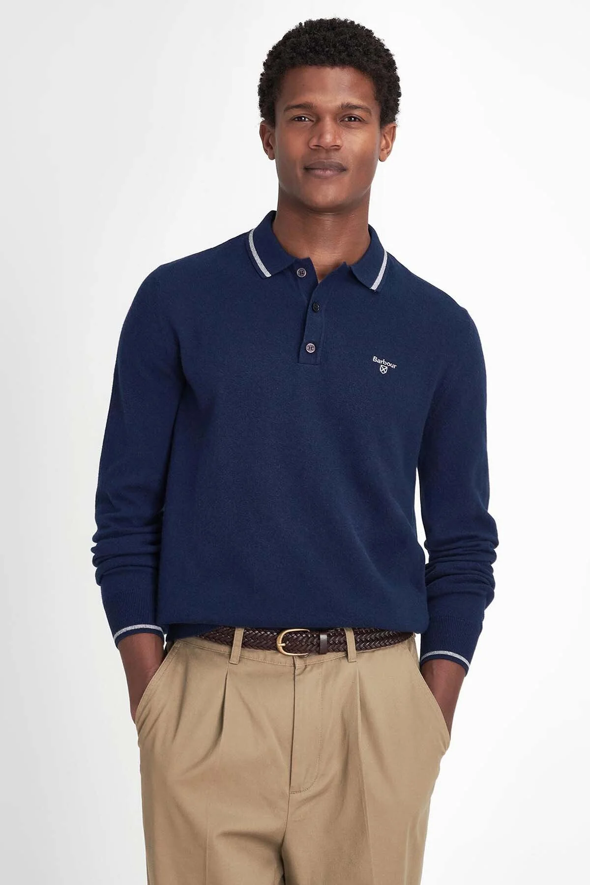 Nocton Knitted Long-Sleeved Polo Shirt - NAVY