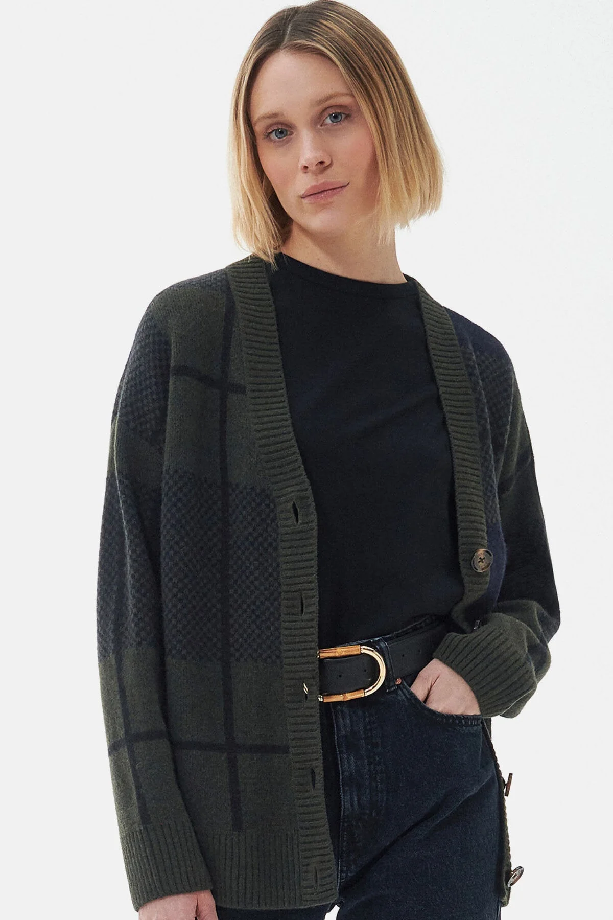 Marie Cardigan - BLACK/SAGE TARTAN