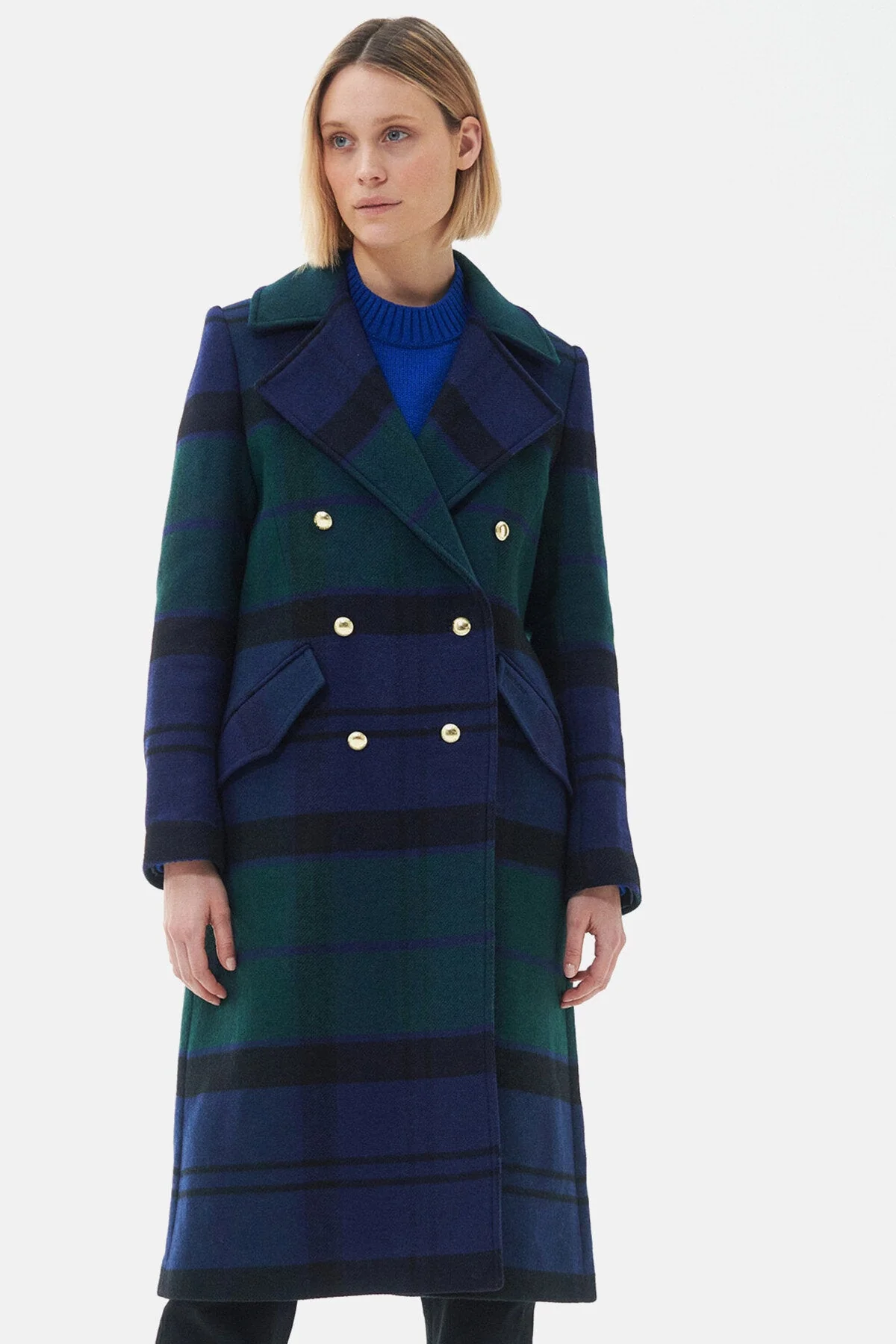 Inverraray Wool Longline Coat - BLACK/SAGE TARTAN/DK