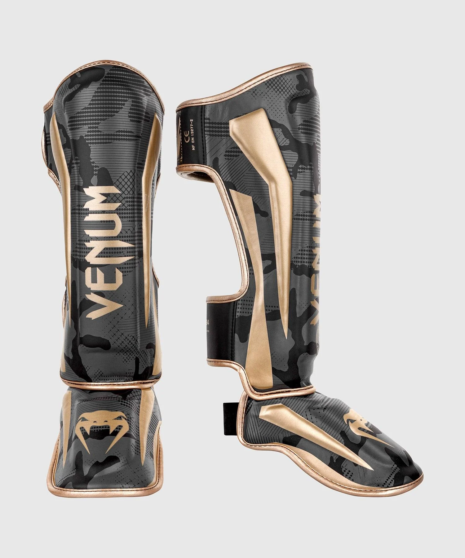 Venum Elite Shin Guards - Dark camo/Gold