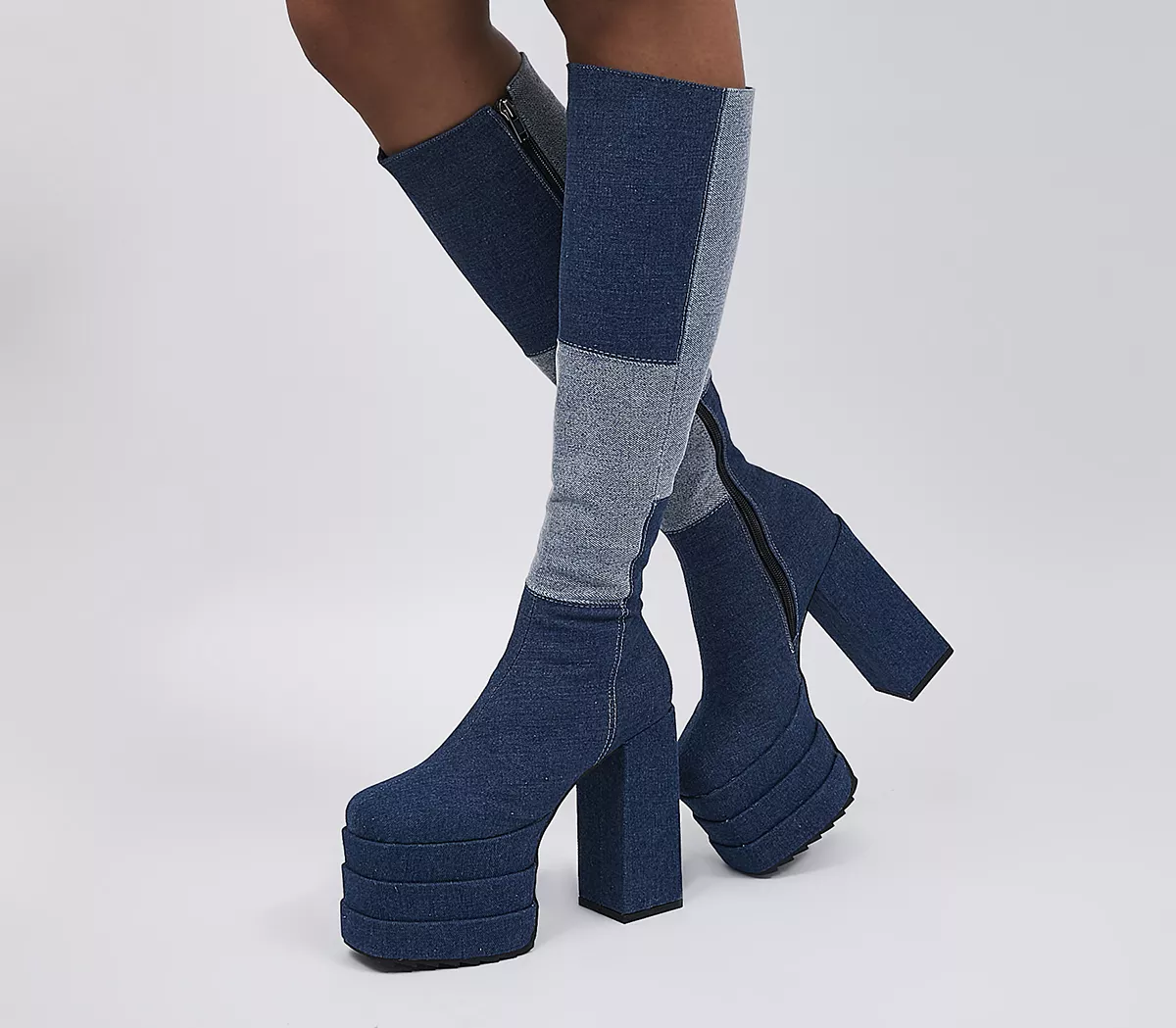 Lamoda Platform Knee High Boots Blue Denim