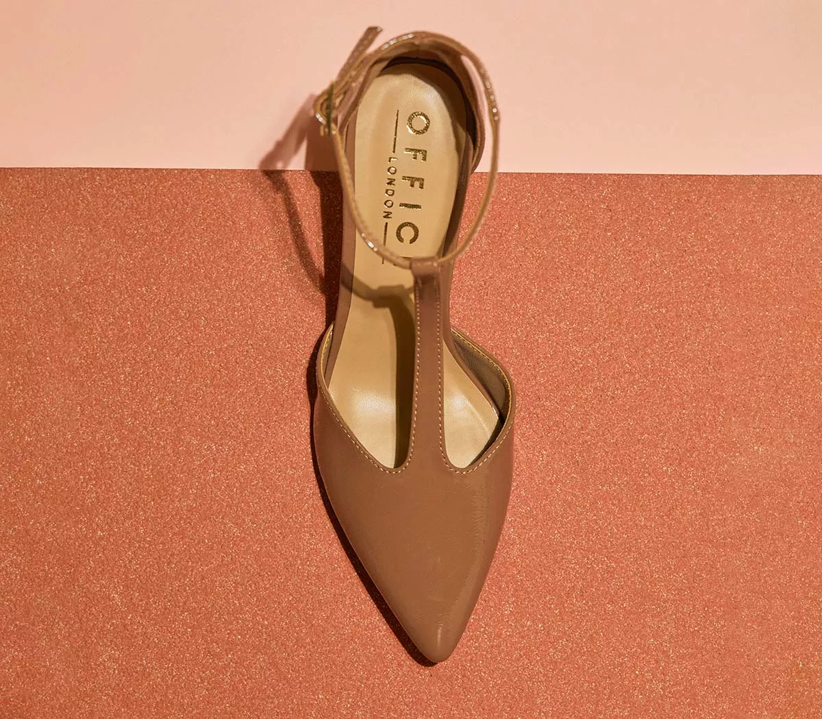 OFFICE Maura T Bar Court Heels Taupe Patent