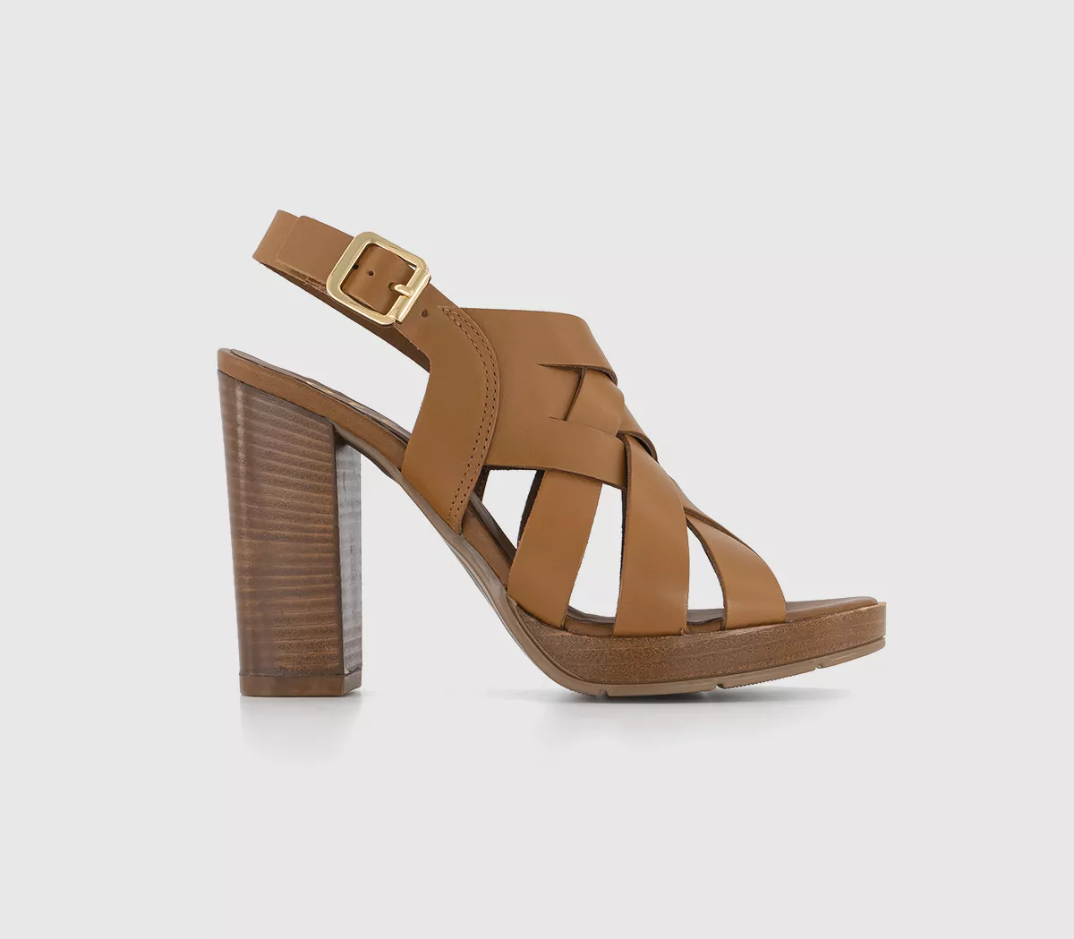 OFFICE Holiday Woven Upper Wooden Block Heels Tan Leather