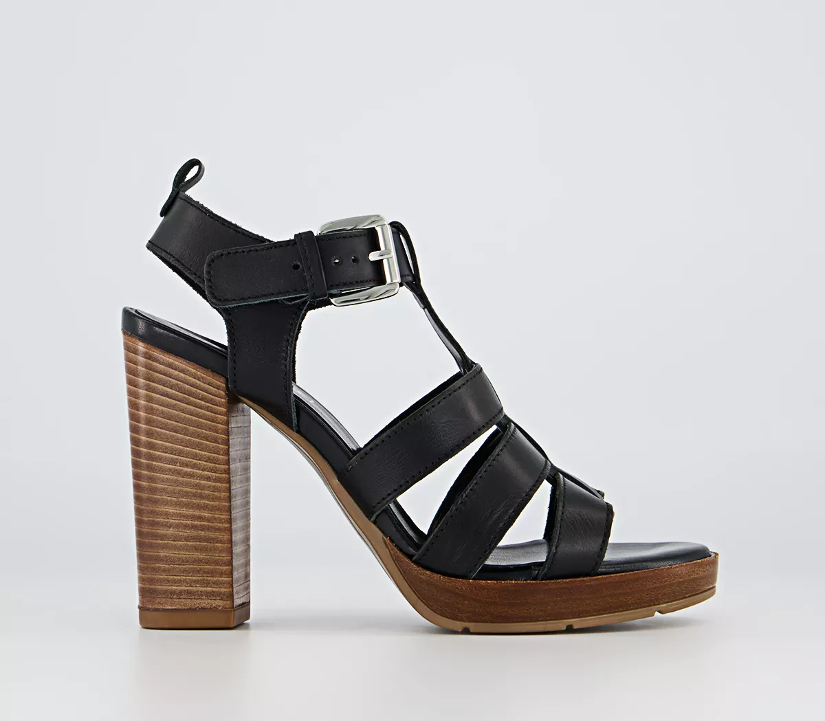 OFFICE Holla Wood Block Heeled Sandals Black Leather