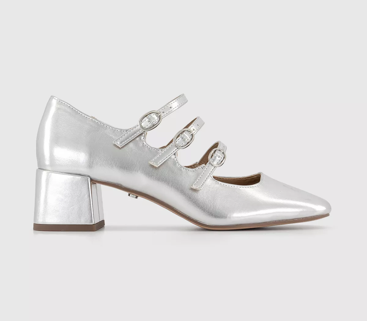 OFFICE Marvel Triple Strap Mary Jane Block Heels Silver