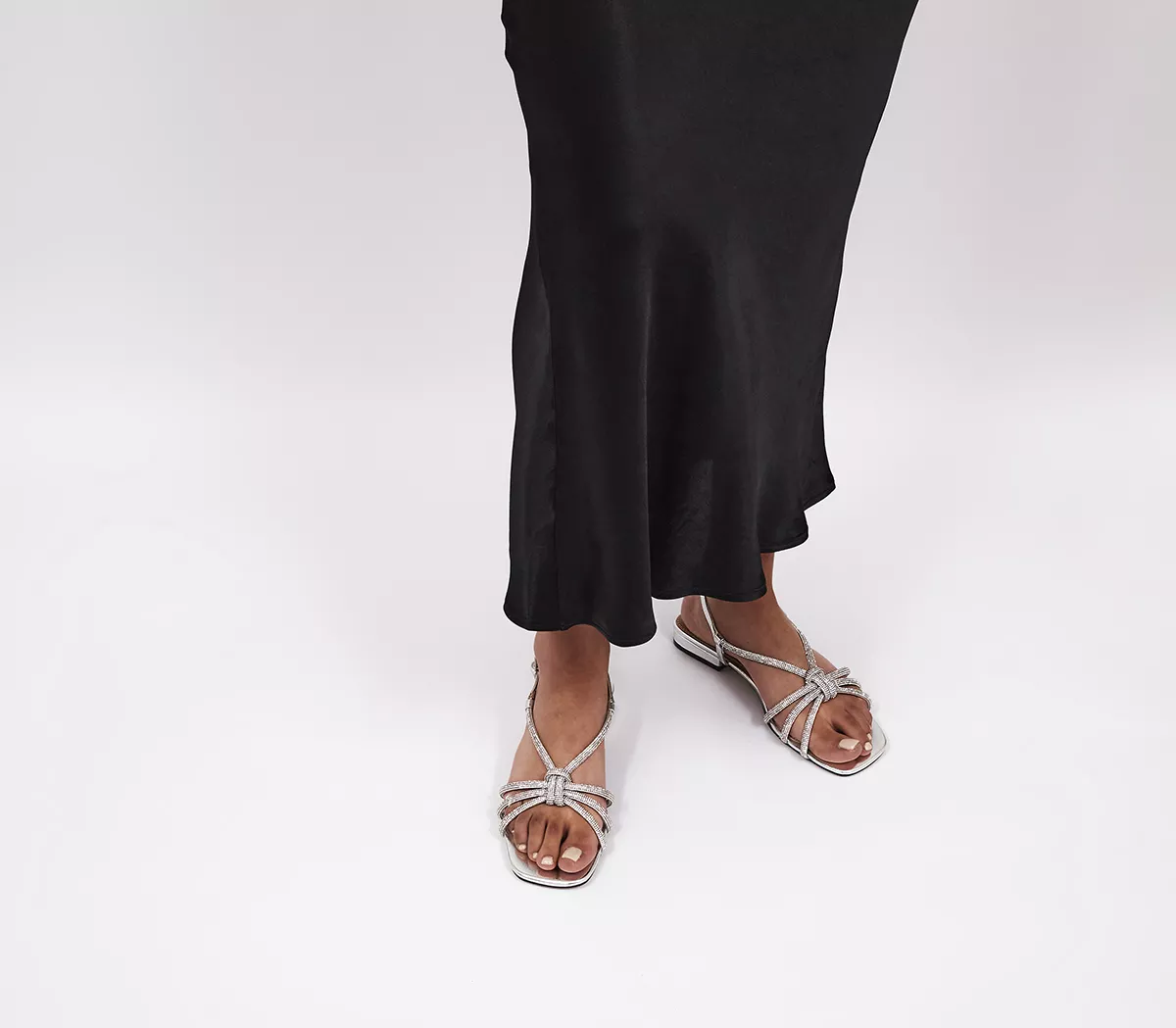 OFFICE Sunshine Low Block Occasion Embellished Knot Sandals  Silver Embellished