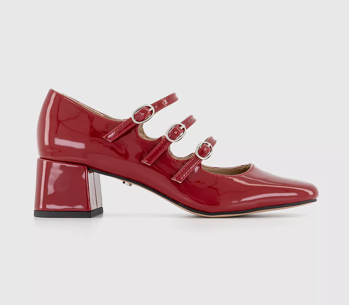 OFFICE Marvel Triple Strap Mary Jane Block Heels Red Patent