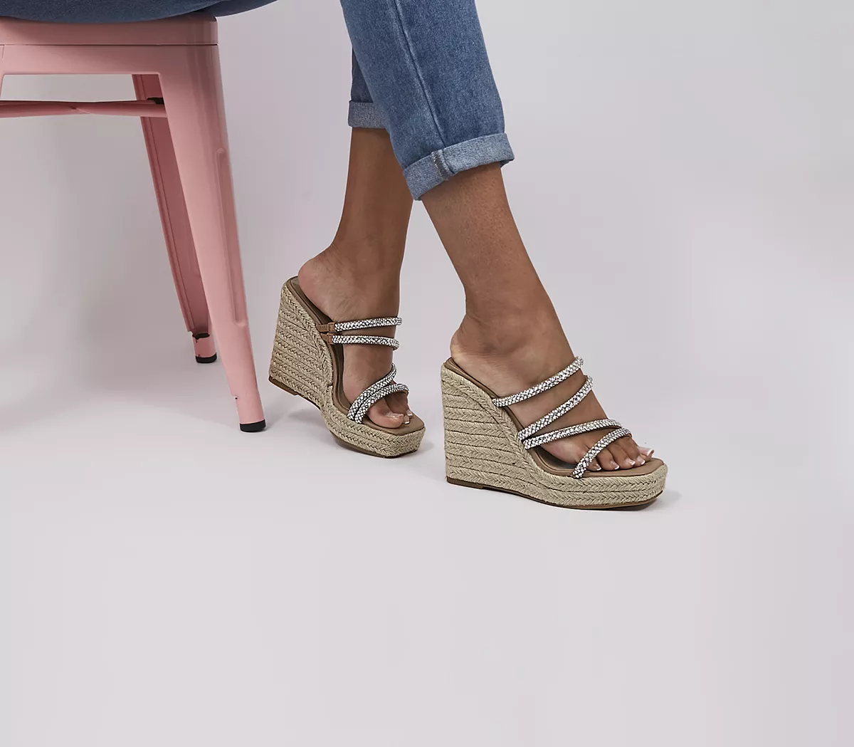 OFFICE Harlyn Embellished Strap Espadrille Mules Silver