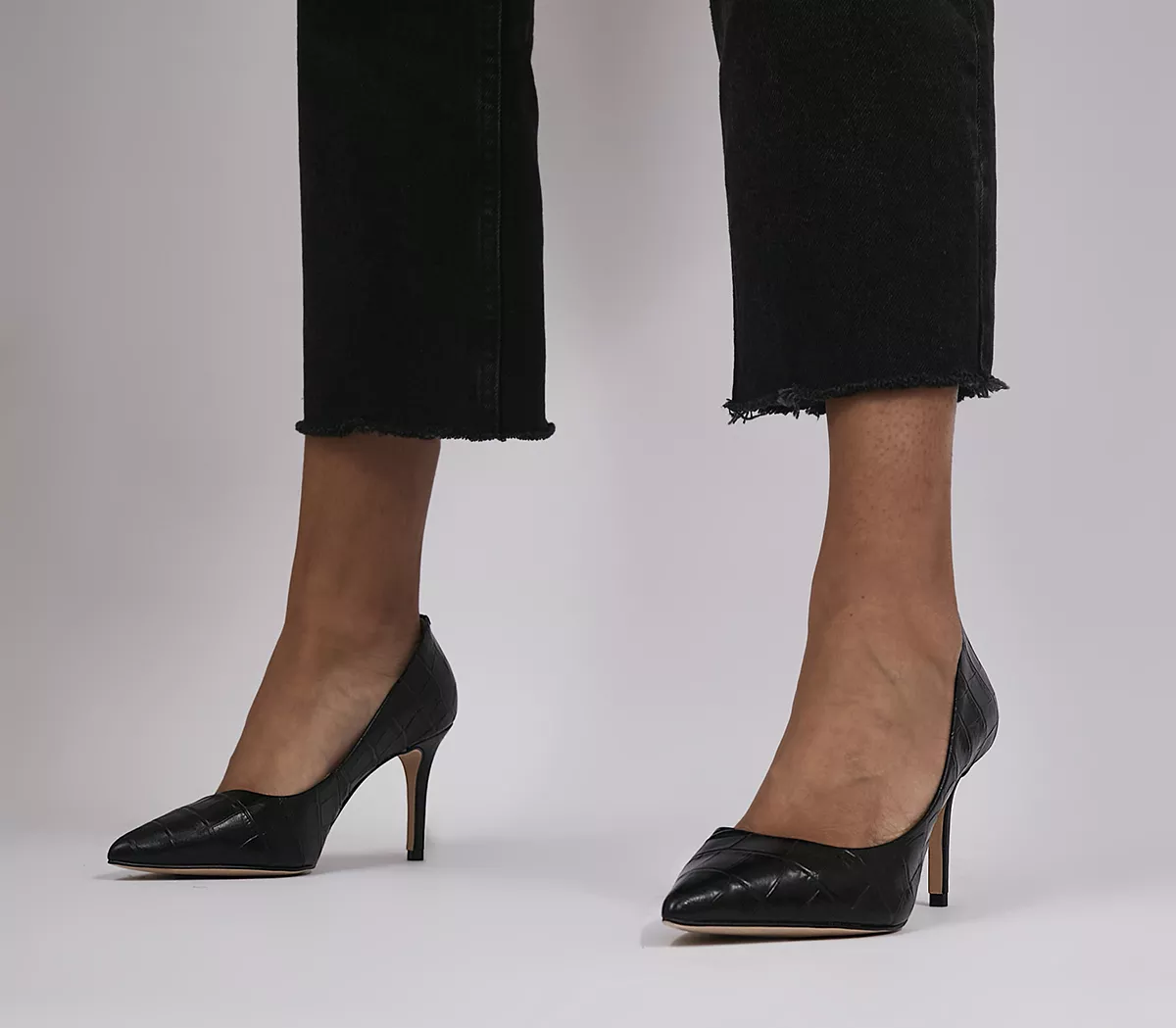 OFFICE Midlander Pointed Mid Heel Courts Black Embossed Leather