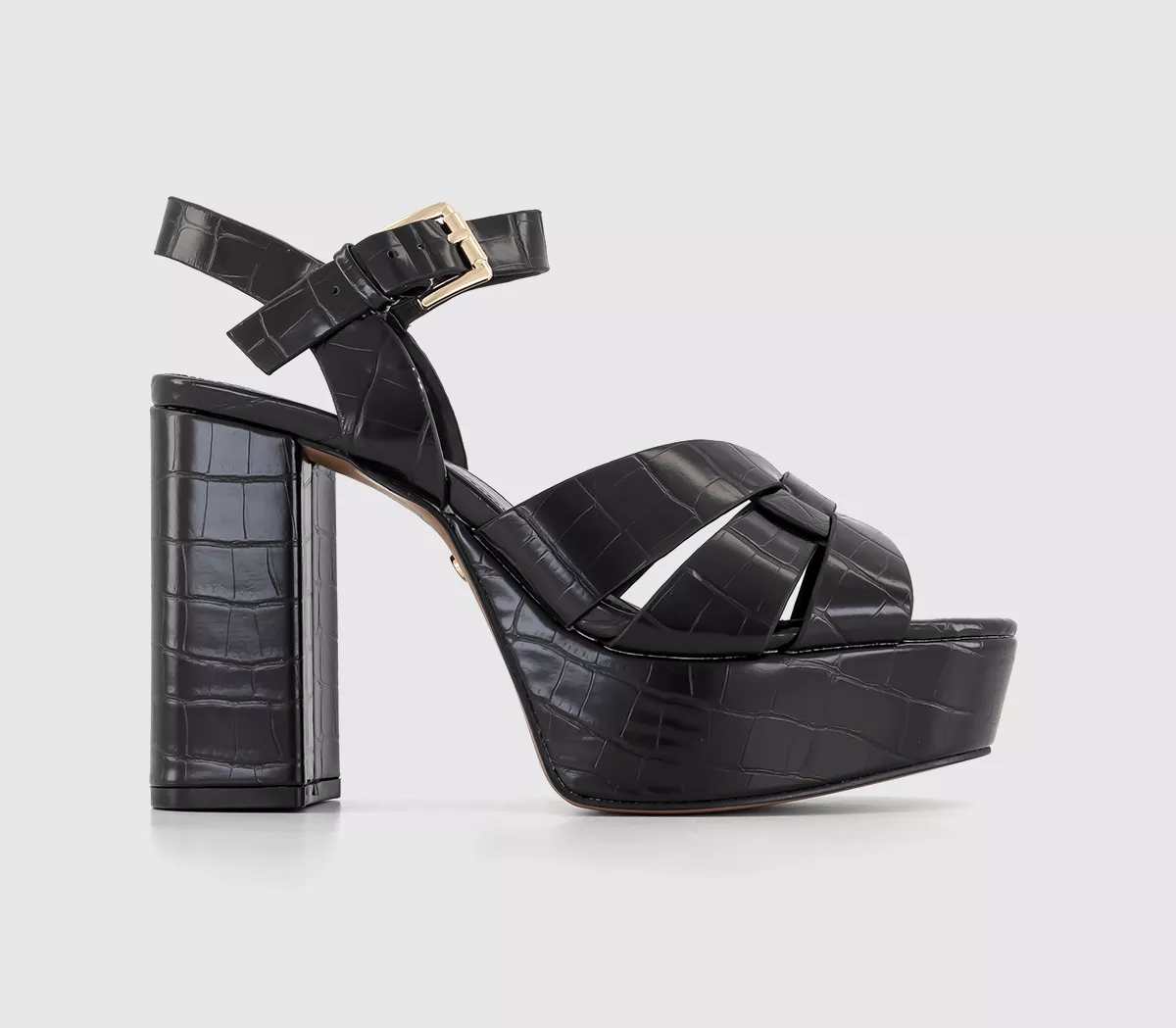 OFFICE Hampstead Cross Strap Platform Heels Black Embossed Patent