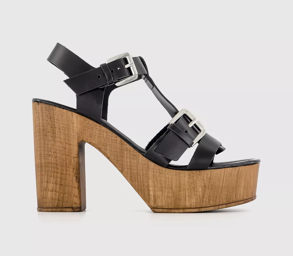 OFFICE Hawaii T Bar Platform Sandals Black Leather