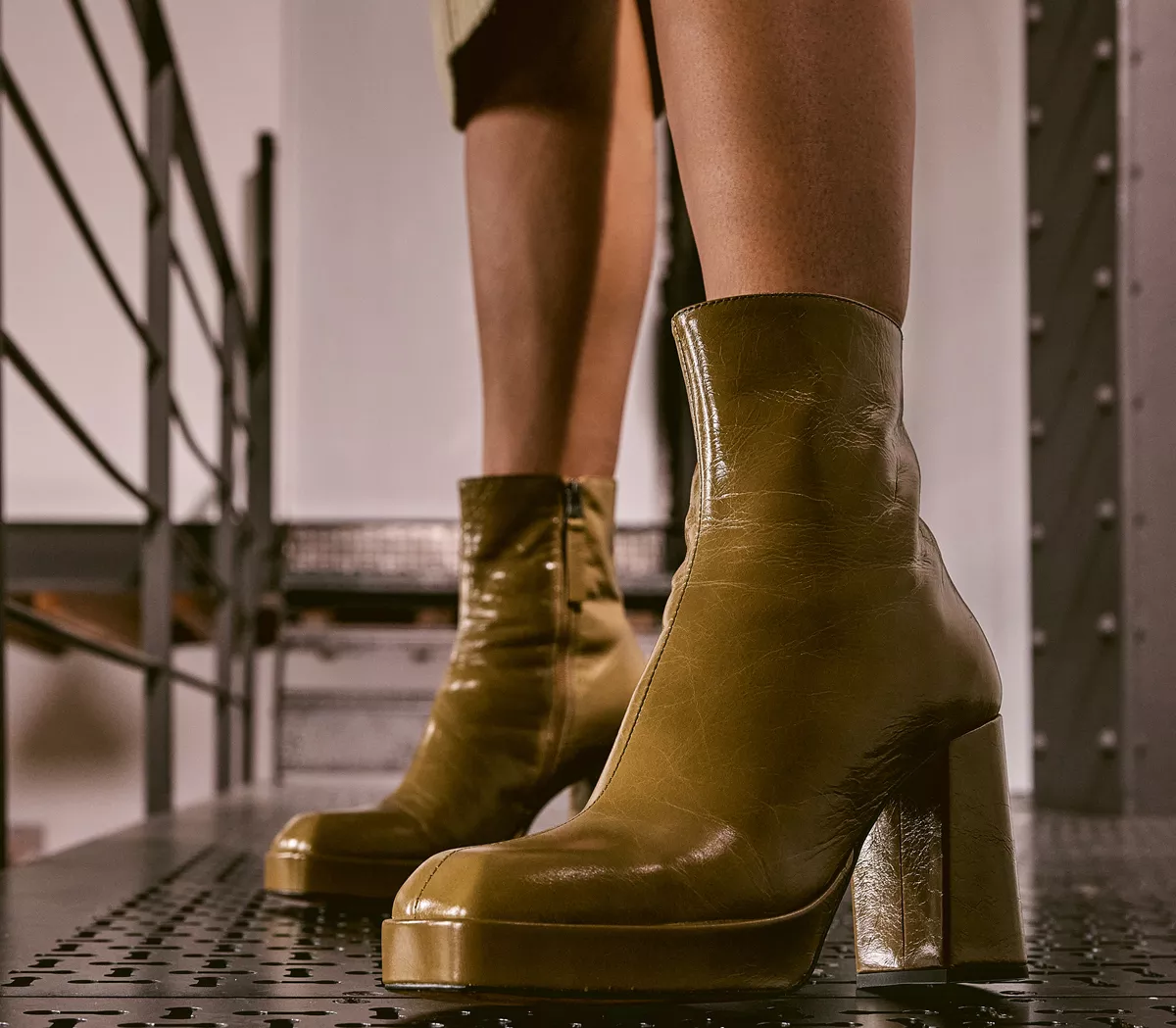 OFFICE Attitude Square Toe Platform Ankle Boots Green Leather