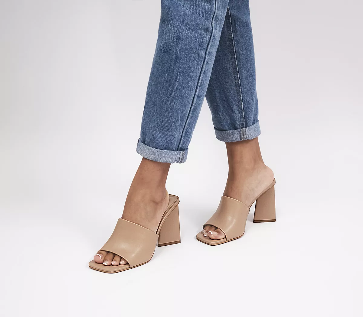 OFFICE Hila Triangle Block Heel Mules Camel Leather