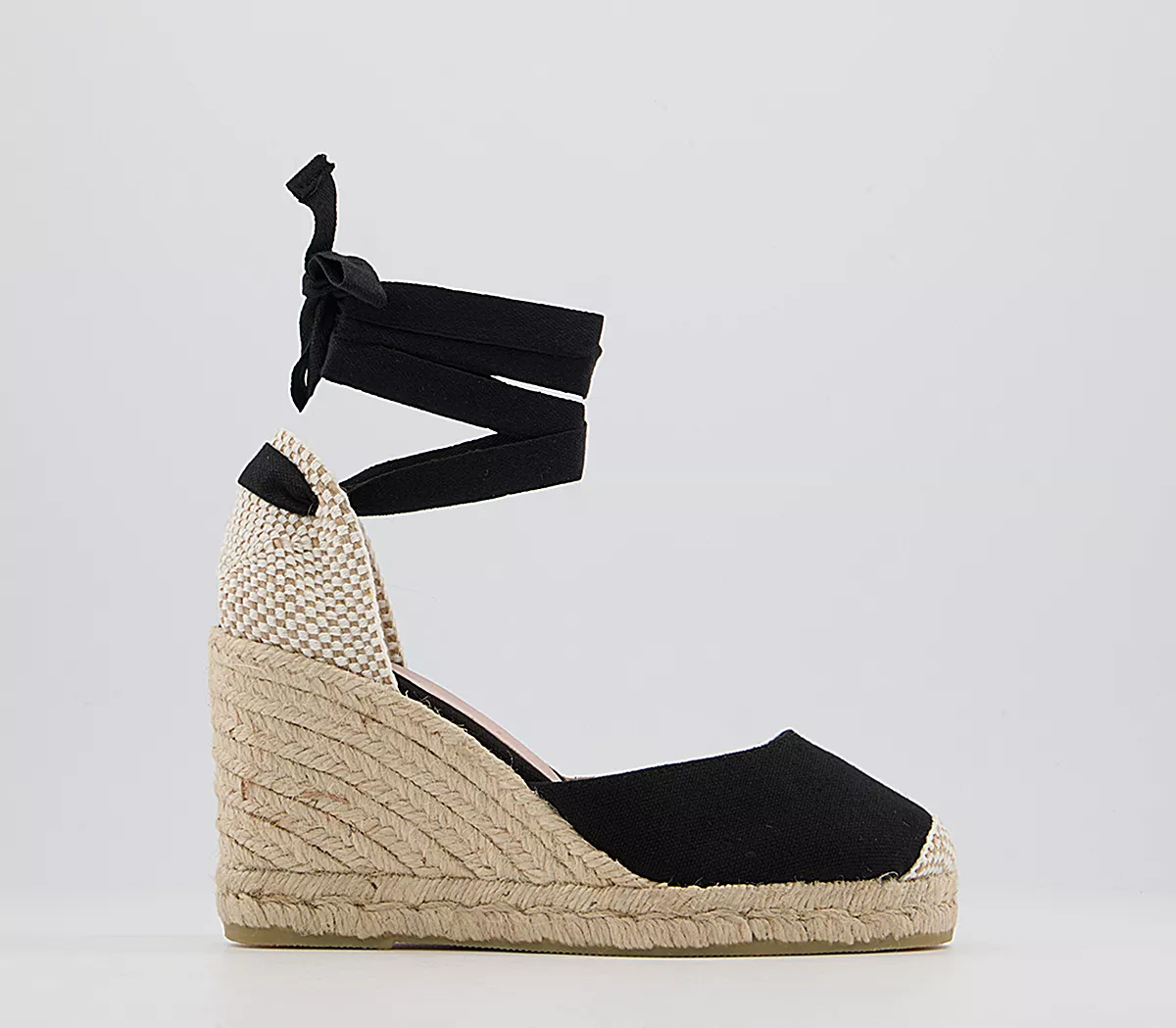 OFFICE Marmalade Ankle Tie Part Mid Heel Espadrille Wedges Black Canvas