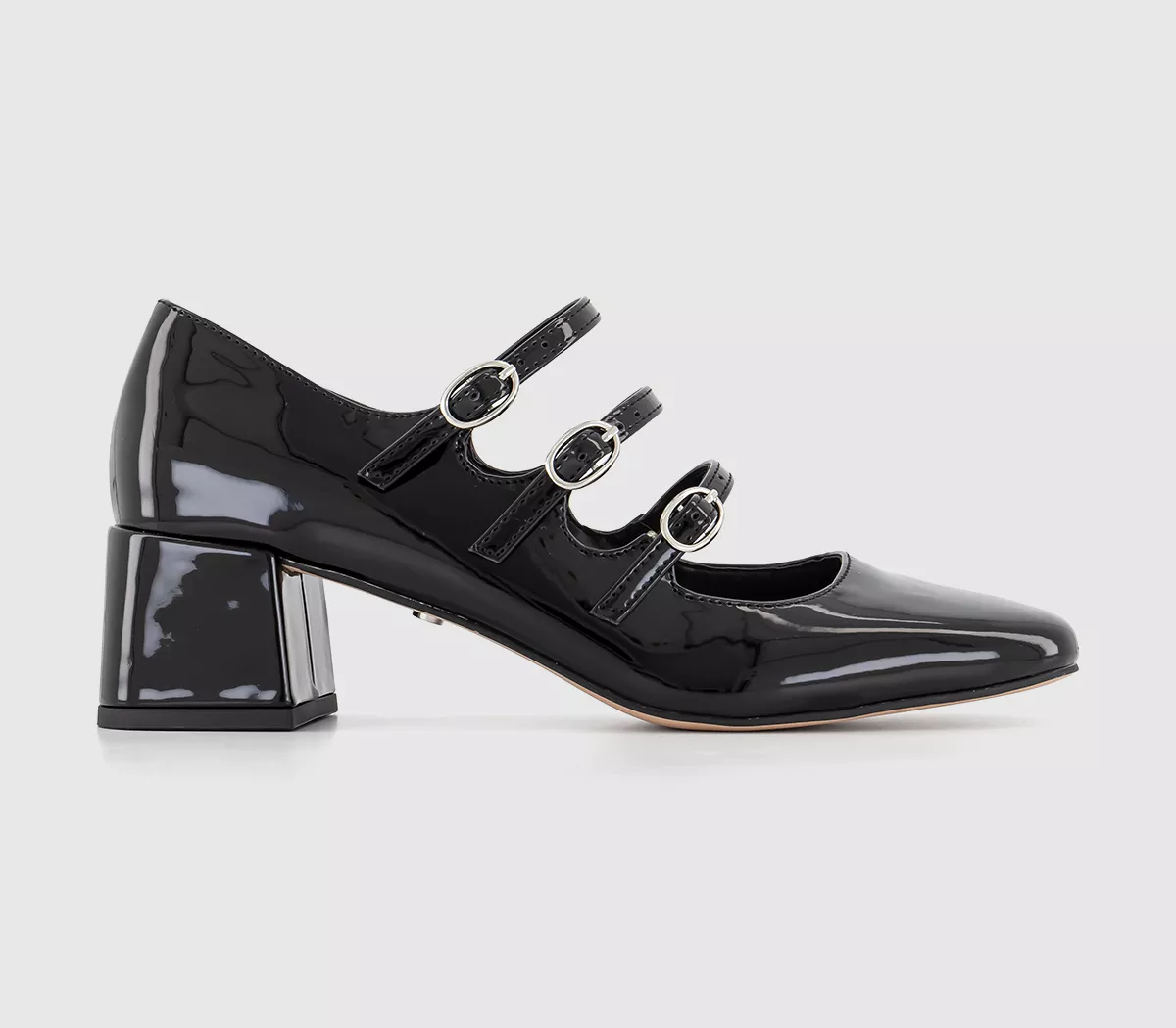 OFFICE Marvel Triple Strap Mary Jane Block Heels Black Patent