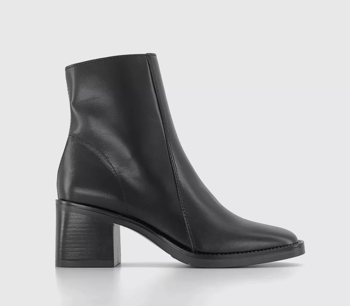 OFFICE Annabella Square Toe Leather Block Heel Boots Black Leather