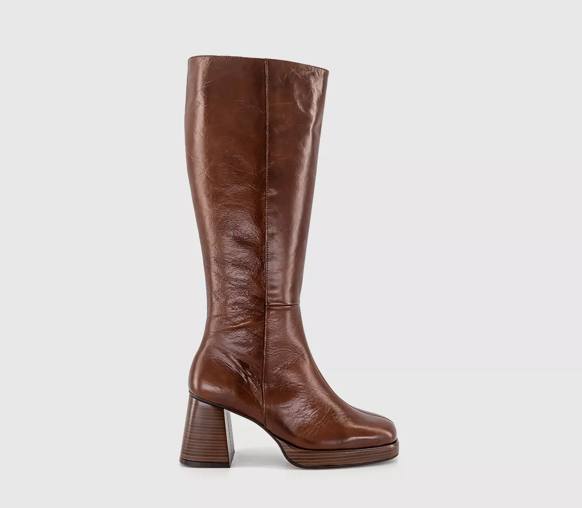 OFFICE Klara Platform Heeled Knee Boots Choc Brown Leather