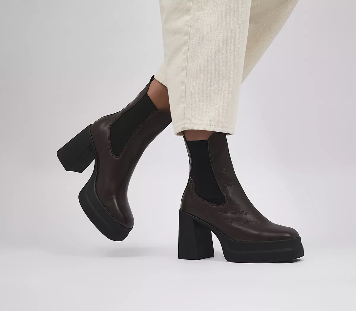 OFFICE Arke Platform Block Heel Ankle Boots Brown Leather